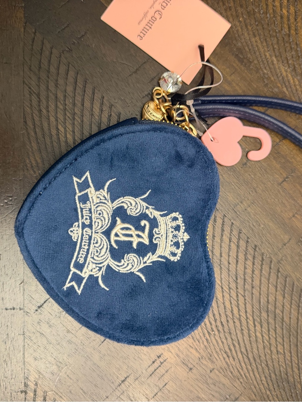 Juicy Couture Navy Velvet Heart Wristlet with Pink Charm